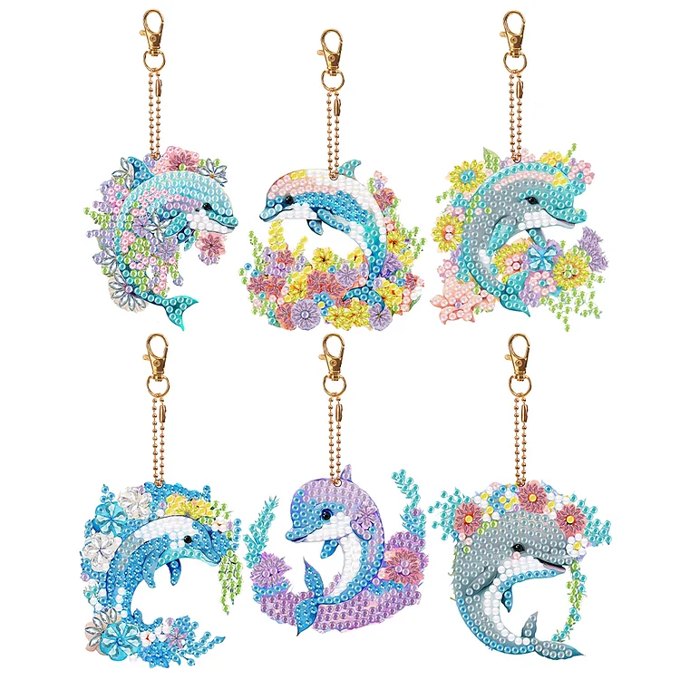 【Key-chain】6PCS Dolphin Double Sided Special Shape Diamond Keychain gbfke