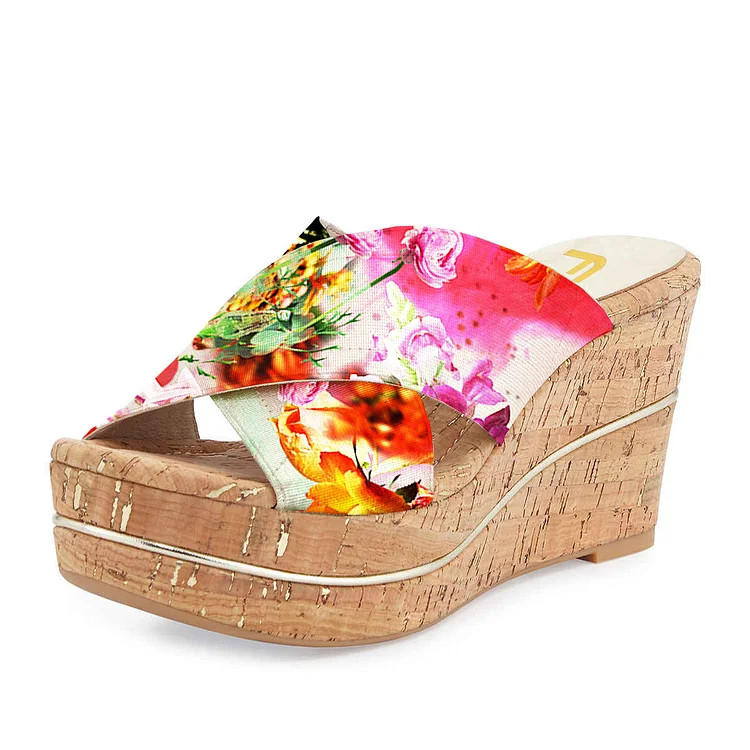 FSJ Floral Platform Mules Open Toe Summer Cork Wedge Sandals |FSJ Shoes