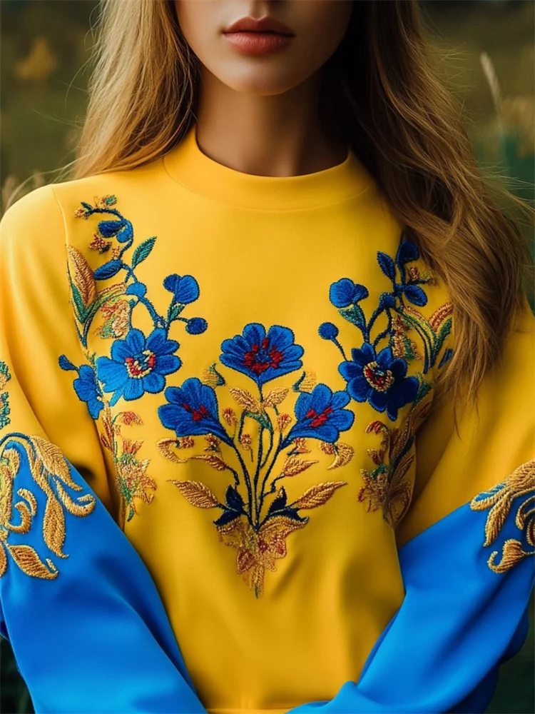 Ukraine Ethnic Floral Embroidered Contrast Color Sweatshirt