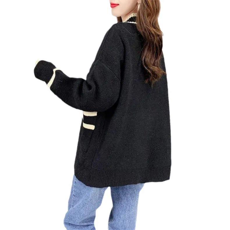 Churchf And South Korea Autumn And Winter New Korean Version Loose In Long Pocket College Fashion Sweater Cardigan Coat Female Sweater