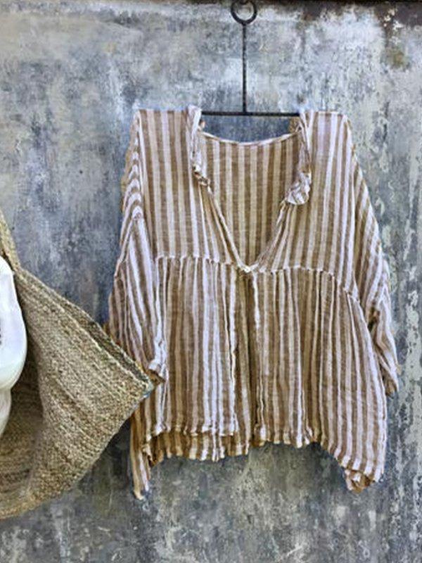 Casual 3/4 Sleeve Striped Blouses&Shirts