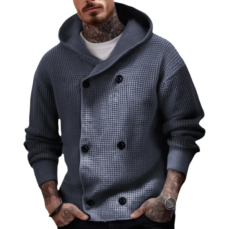 Uveng Uveng Men's Autumn And Winter Double Buckle Thick Hooded Knitted Jacket Casual Cardigan Sweater SY0061