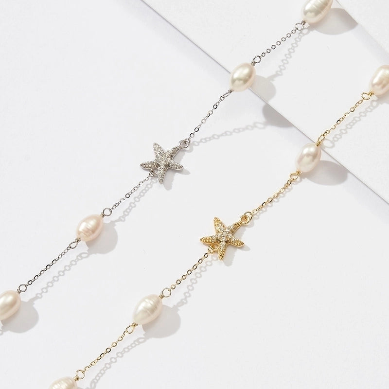 925 Sterling Silver Plated Freshwater Pearl Beaded Chain Cable Chain Plating Inlay Starfish Necklace