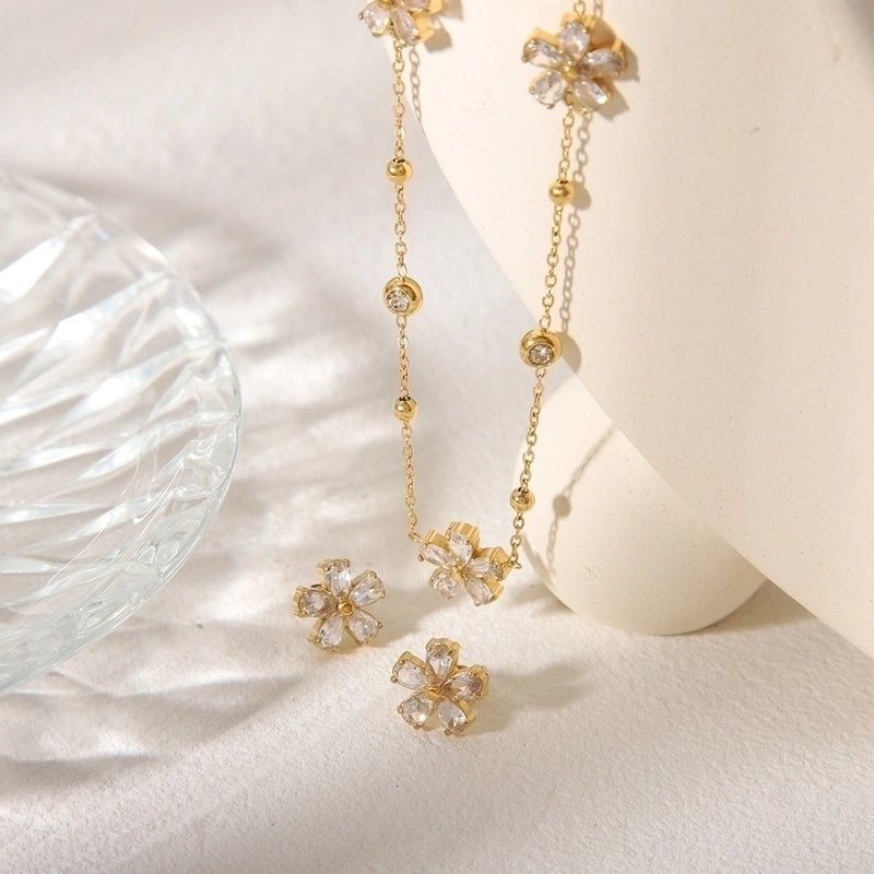 Minimalist Commute Flower 304 Stainless Steel Zircon 18K Gold Plated Jewelry Set