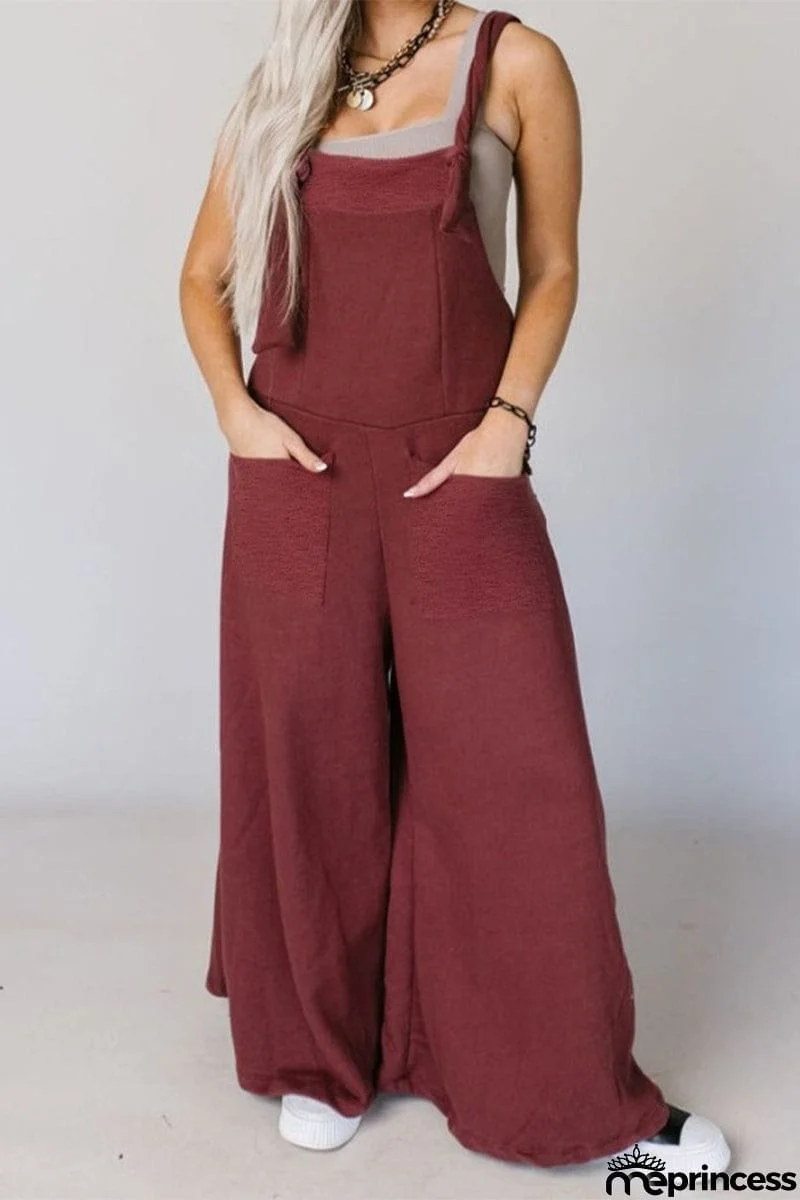 Casual Solid Pocket U Neck Loose Jumpsuits