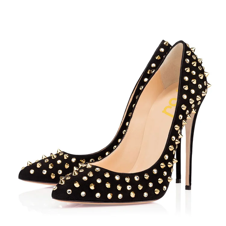 Black Pointy Toe Stiletto Heel Vegan Suede Pumps Gold Studs Shoes by FSJ |FSJ Shoes