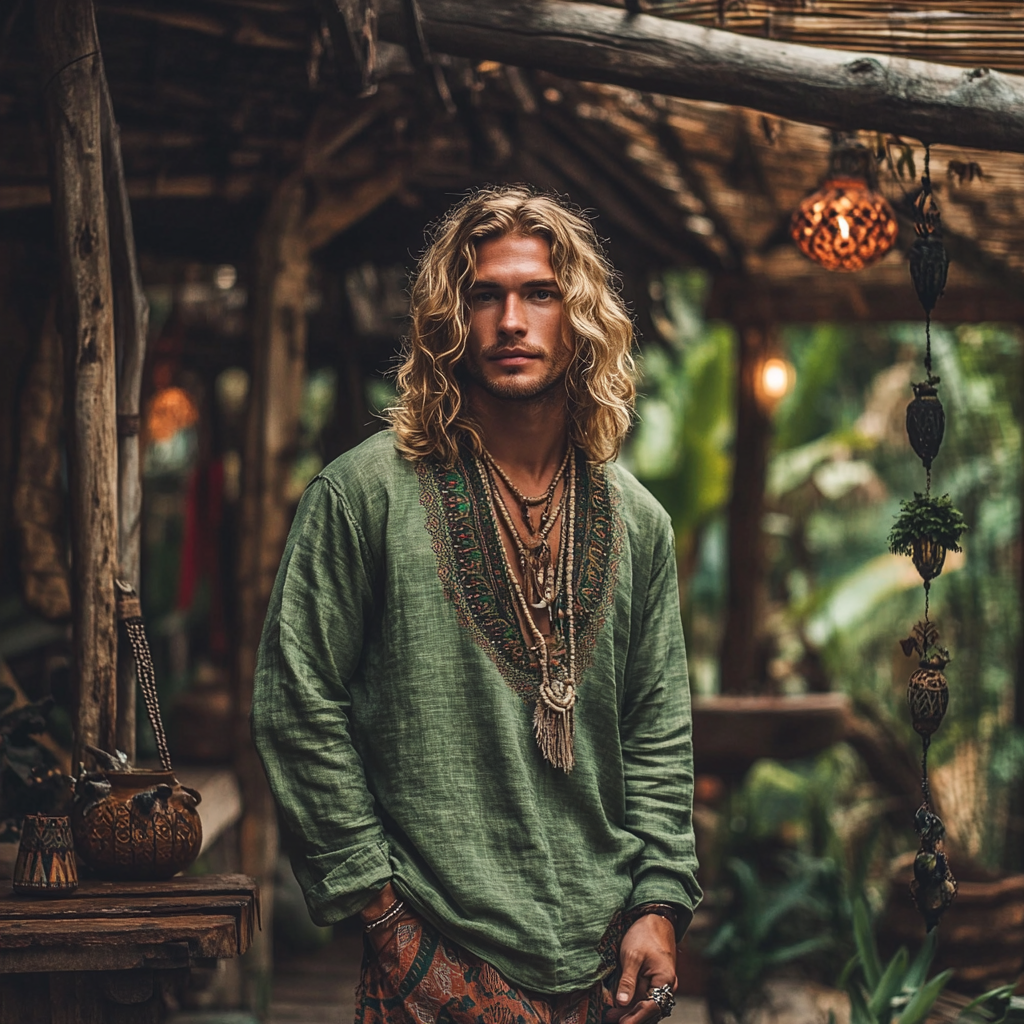 Men's Bohemian Holiday Style Vintage Linen Printed Casual Long Sleeve Top-inspireuse