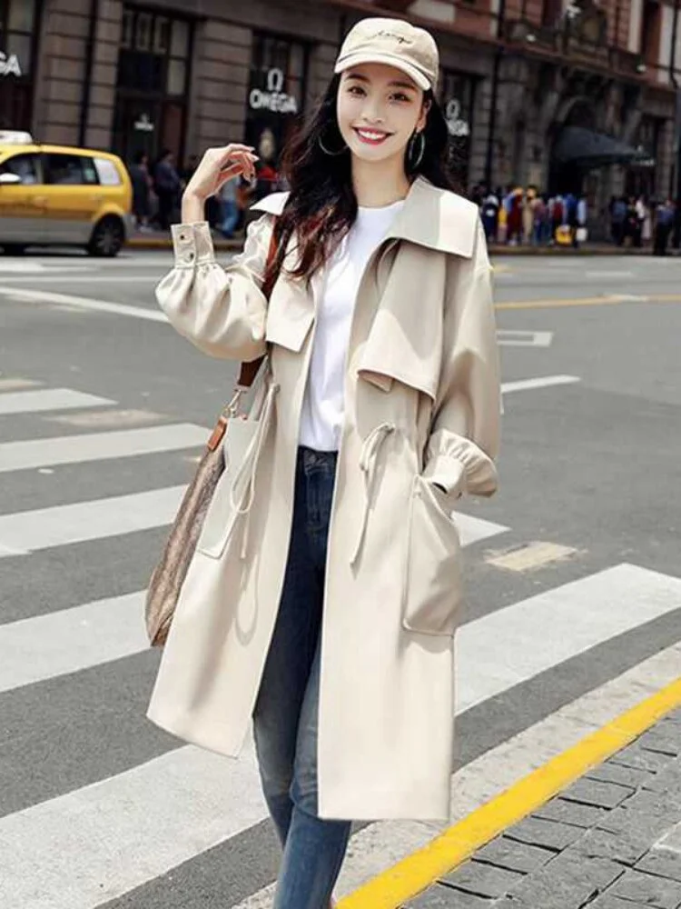 Jangj Spring Autumn Women Casual Long Long Sleeves Trench Coat Women's Fashion Windbreaker Chic Office Coat Ladies Outerwear