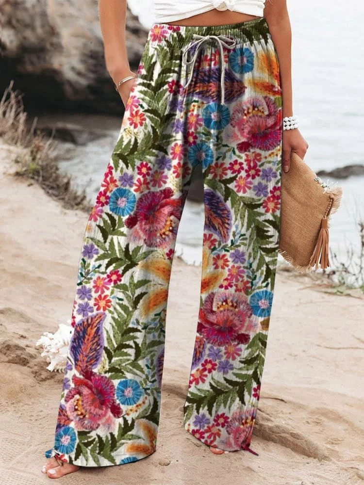 Women's Vintage Floral Print Wide Leg Pants