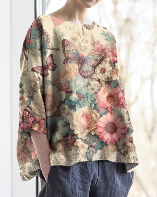 Retro Butterfly Floral Round Neck Cotton and Linen Loose Top