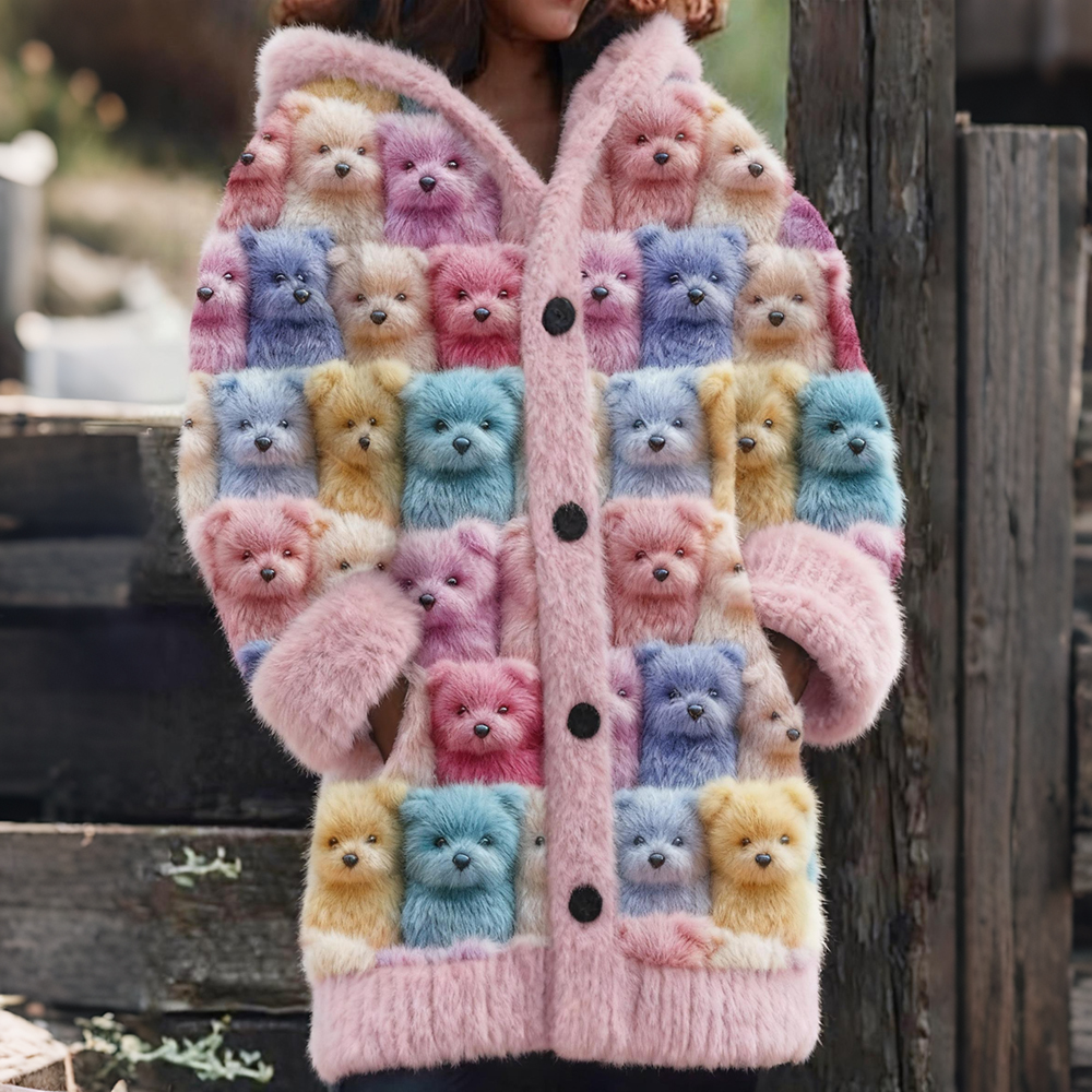 Cute Pastel Dogs Art Cozy Knit Hooded Cardigan elevenforest