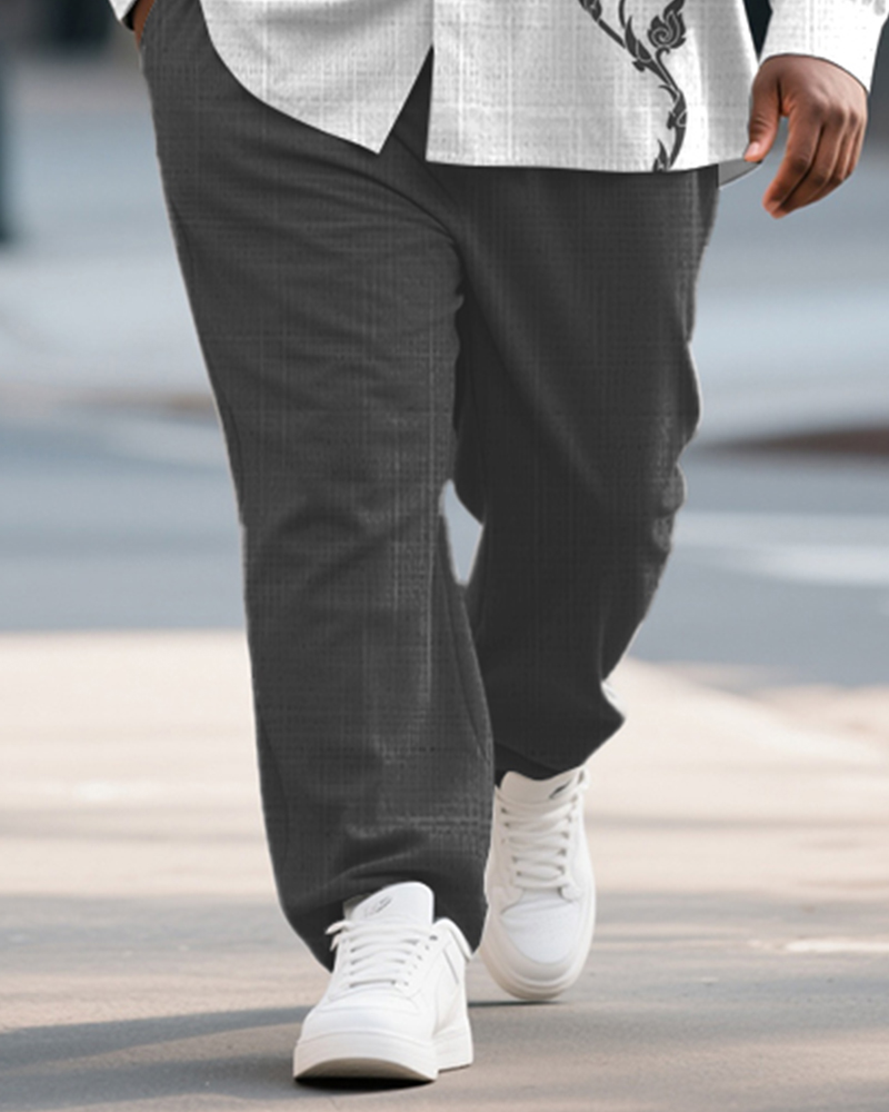 Big & Tall Men's Business Grey Pattern Print Bamboo Hemp Texture Long Sleeve Shirt Trousers Suit