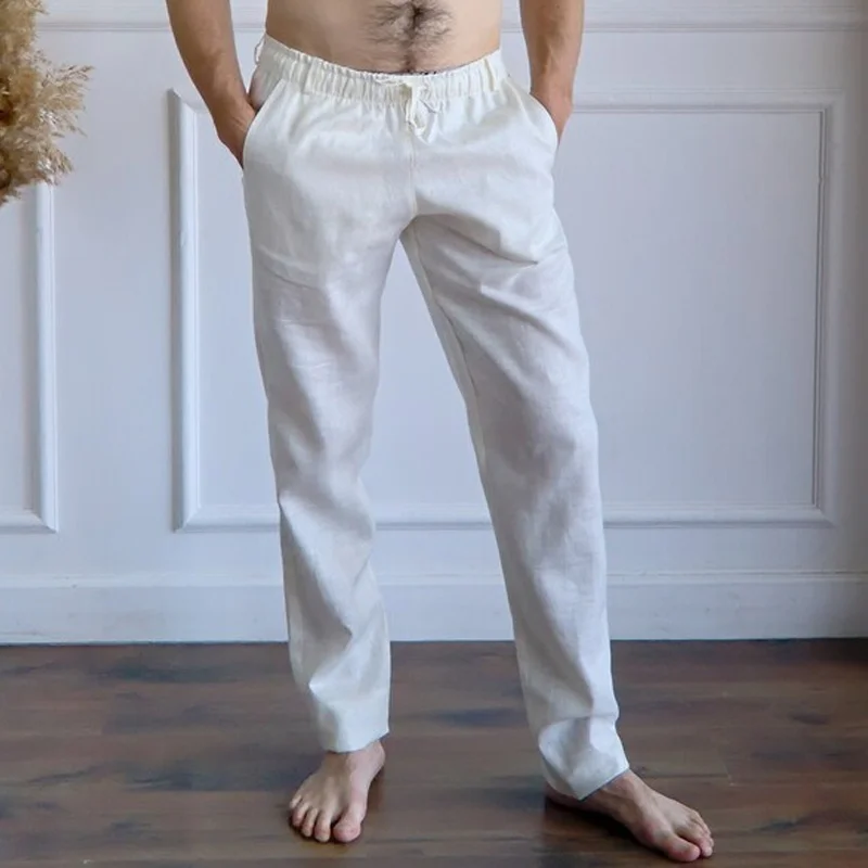 Men's Off-White Drawstring Linen Pants