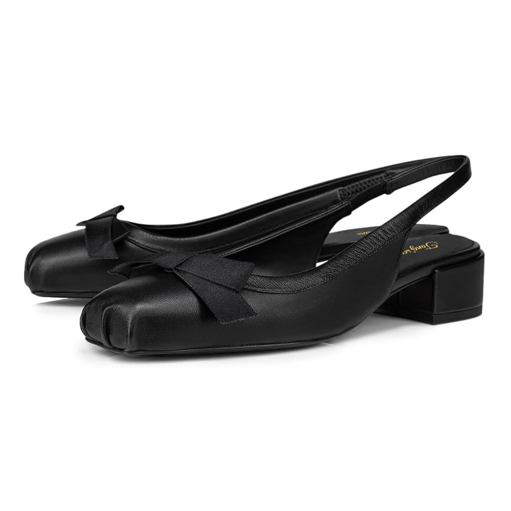 Women's Square Toe Block Low Heel Black Slingback Pumps with Bow Nicepairs