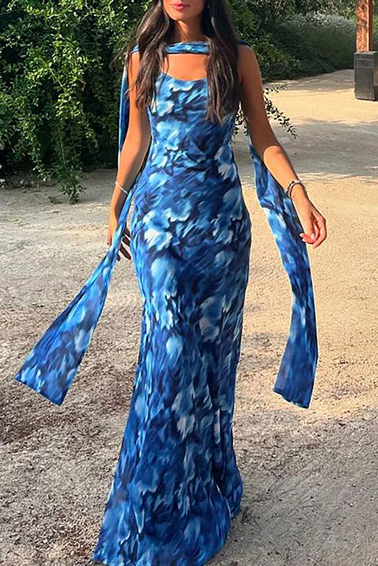 Floral Print Open Back Slip Maxi Dresses-Blue