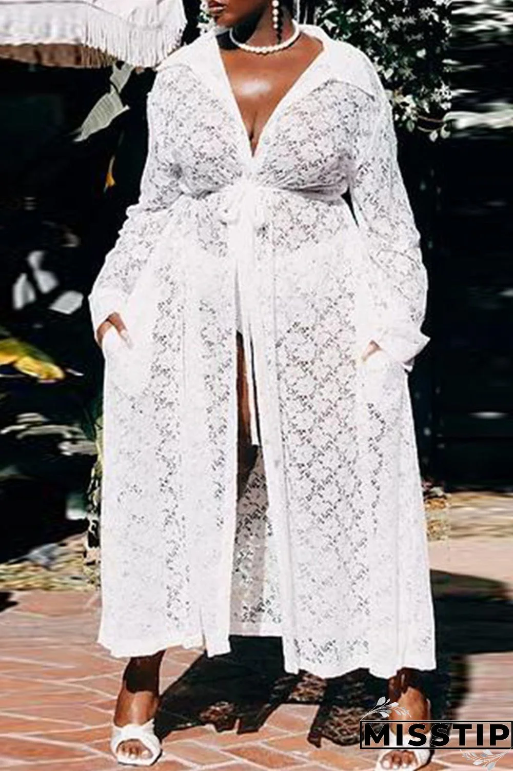 White Fashion Sexy Solid Cardigan Turndown Collar Plus Size Overcoat