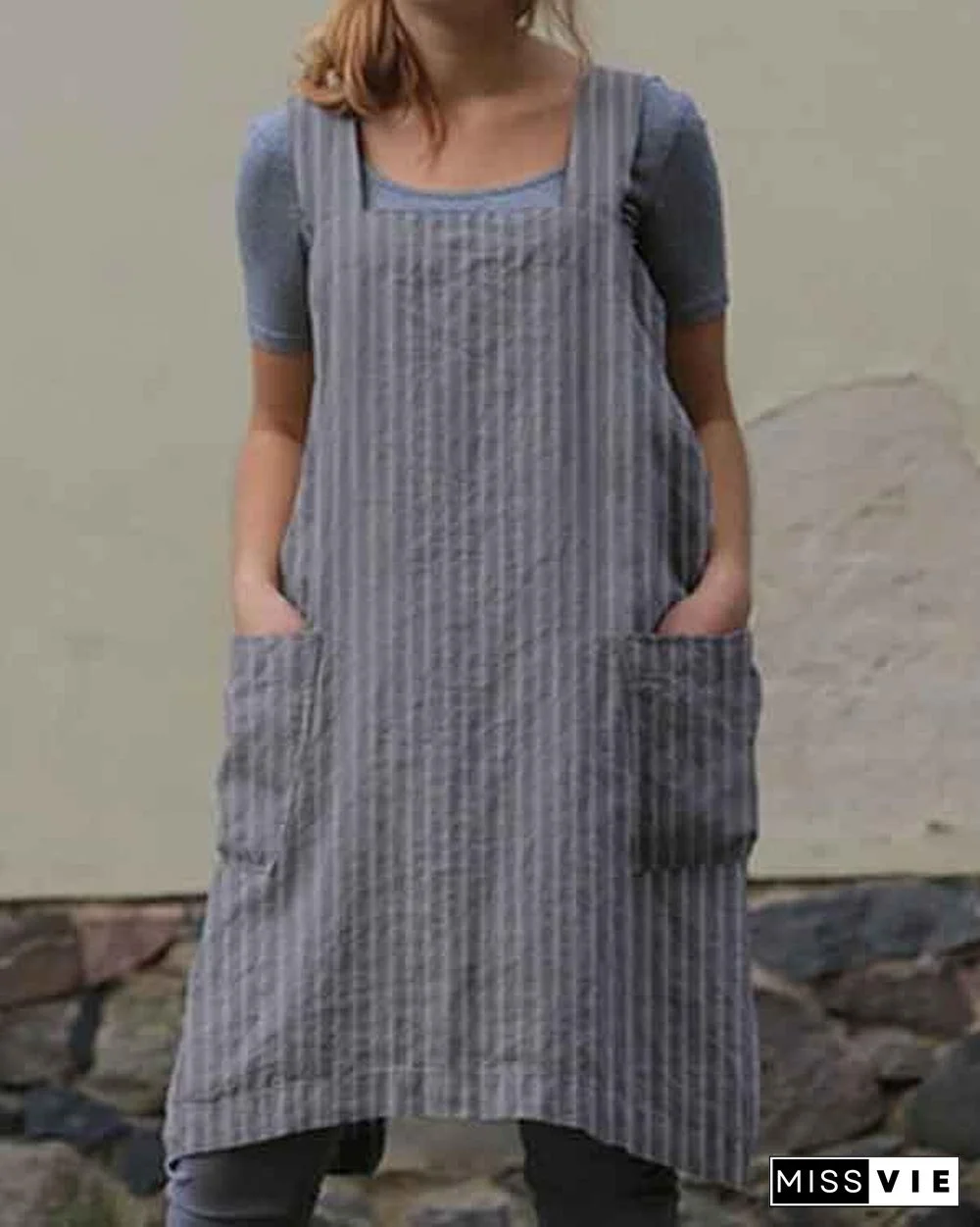 Stripe Print Double Pockets Apron Linen Dress