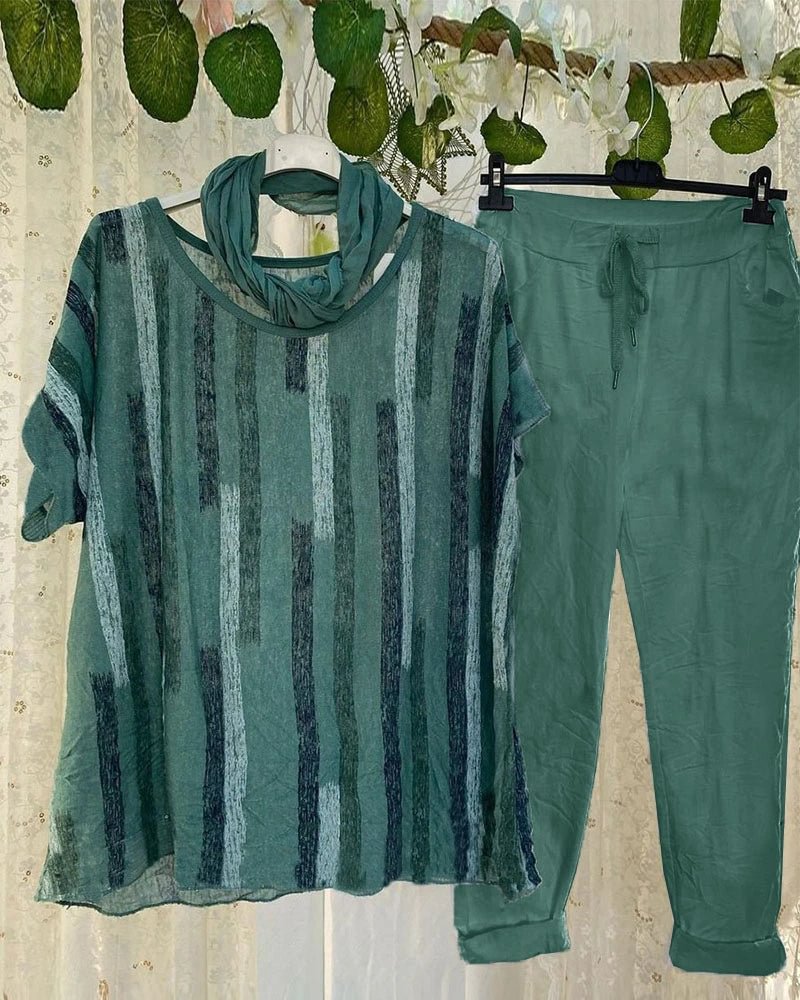 Ladies Strip Printed Blouse And Trousers Two-Piece Set