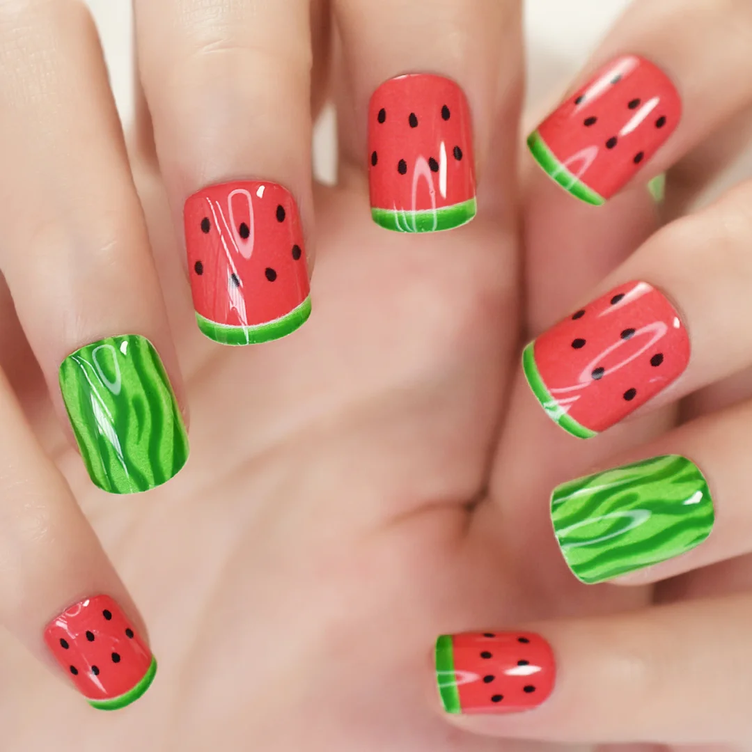 Churchf Squoval Nails Watermelon Summer Design Short Fake Nails Press On Nails Uv Gel Quality Kids Nail Funny Cold Cool With Stickers