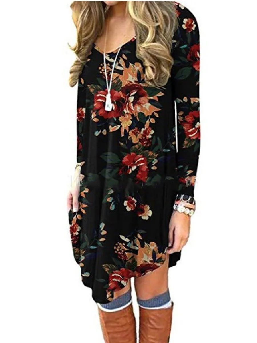 Long Sleeve Casual Loose Print Dress