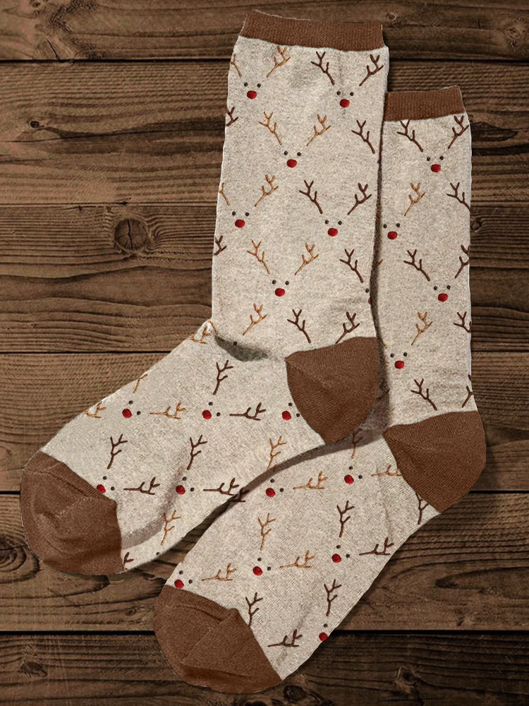 VChics Christmas Reindeer Faces Embroidery Pattern Comfy Socks