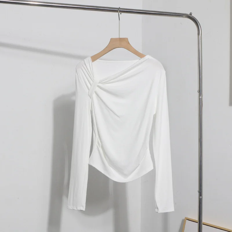 Uveng Side Bow Tie Design Folded Long-Sleeved T-Shirt Slim Thin Autumn Dress T-Shirt Short Top 1662