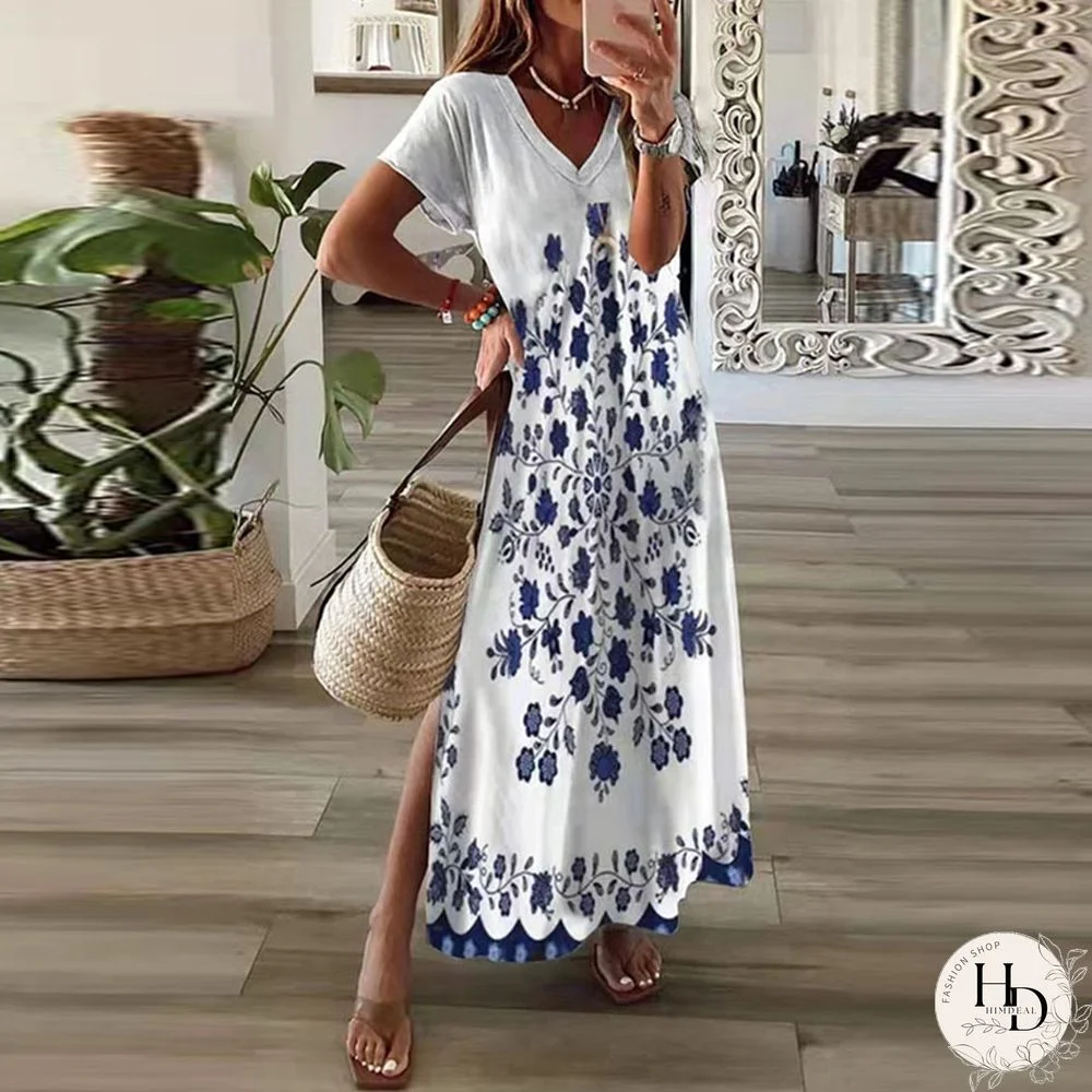 Summer Beach Maxi Dress Women Vintage Print Party Dresses For Women Short Sleeve Casual V-Neck Split Sexy Long Dress Robe