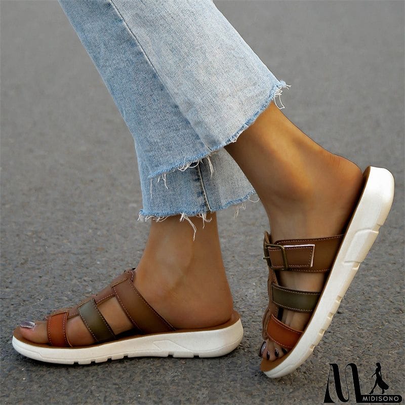 MidiSono - Summer Hollow Out Woven Contrast Color Slippers for Women