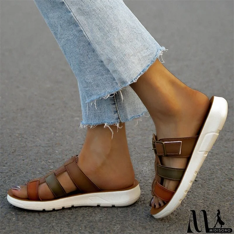 MidiSono - Summer Hollow Out Woven Contrast Color Slippers for Women