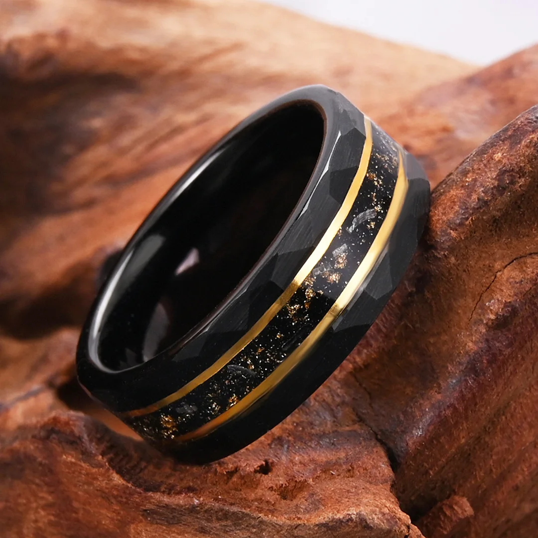 8MM Opel Men Tungsten Carbide Rings Fragments of Gold Foil and Meteorite Wedding Bands