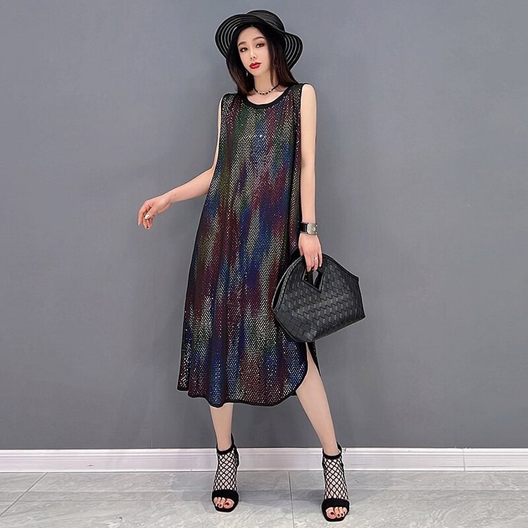 Fashion Loose O-neck Colorful Sequined Sleeveless Dress      