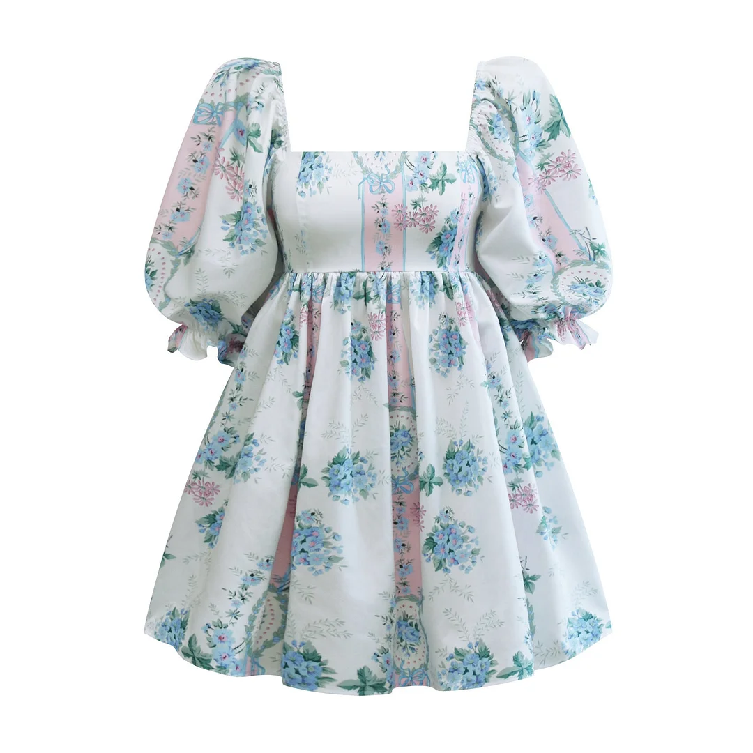 Brownm Printed Square Collar Lantern Short High Waist Sleeve Women's Backless Puffy Dress