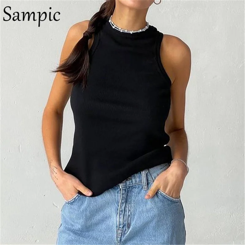 Sampic Knitted Summer Ribber Sleevless T Shirt Tops Women Casual Khaki White Crop Tops 2021 Club Short Skinny Tank Tops Fashion