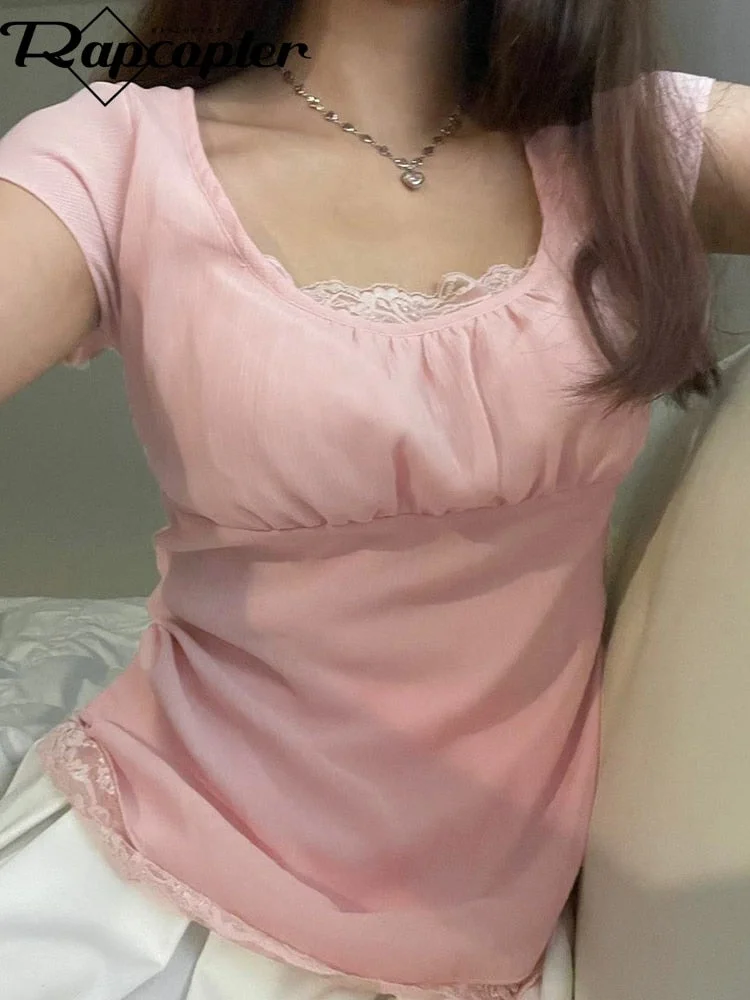 Rapcopter y2k Chiffon Crop Top Lace Trim Short Sleeve T Shirt O Neck Cute Sweet Pullovers Women Pink Summer Fairycore Basic Tee