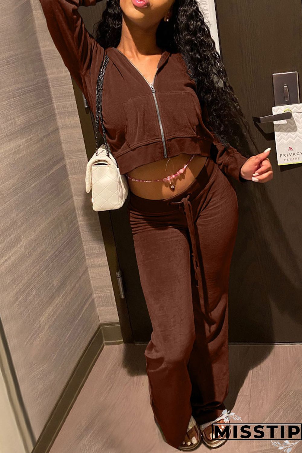 Coffee Fashion Casual Solid Patchwork Hooded Collar Two Pieces