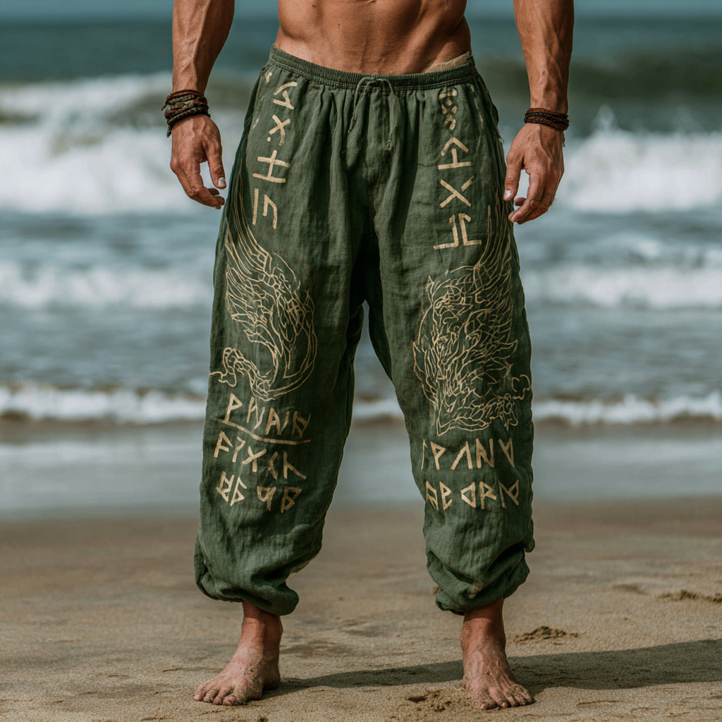 Men's Viking Vintage Eagle Celtic Knot Runes Inspired Summer Casual Pants / Rvogue / Rvogue