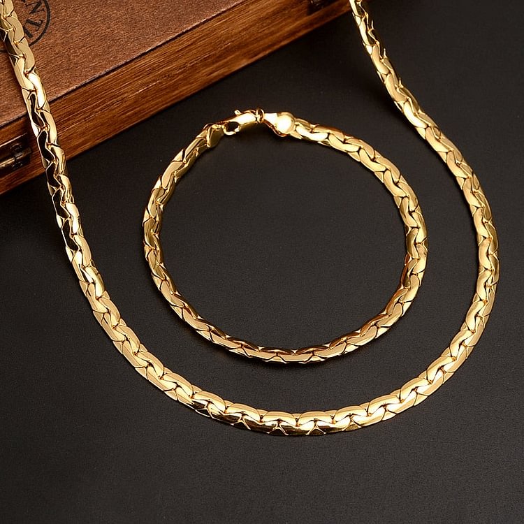 24k    Trendy 7MM Width Cuban Chain Men Necklace Bracelet Ethiopian Jewelry Sets