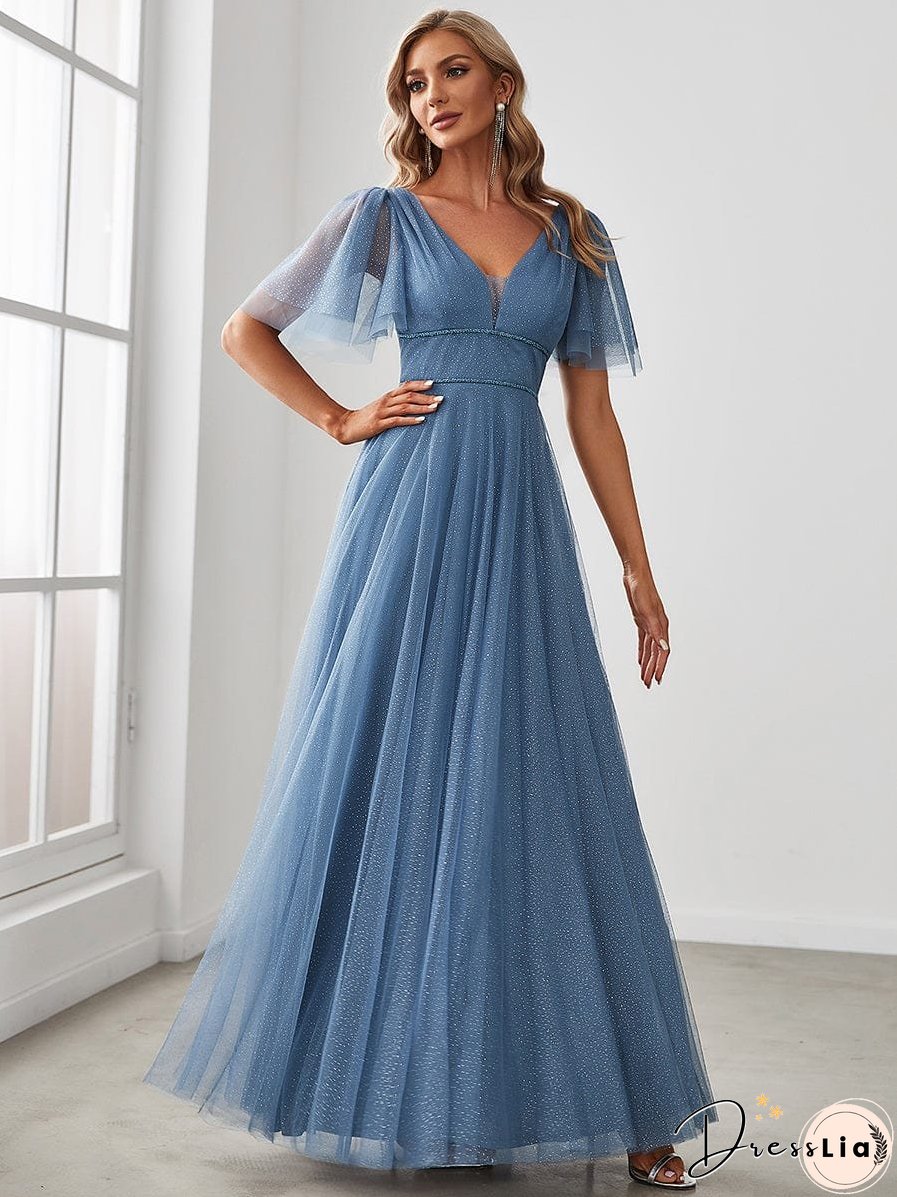 Elegant Golden Stamped Ruffle Sleeve Evening Gown