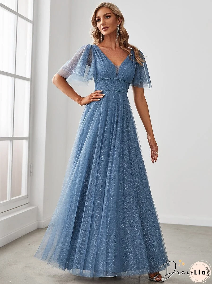 Elegant Golden Stamped Ruffle Sleeve Evening Gown