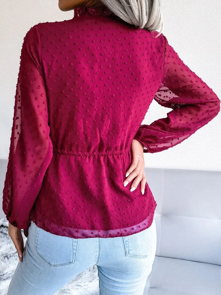 Solid Chiffon Blouses For Women Fashion Jacquard V Neck Long Sleeve Office Work Lady Shirts Tops Plus Size Elegant Blouse