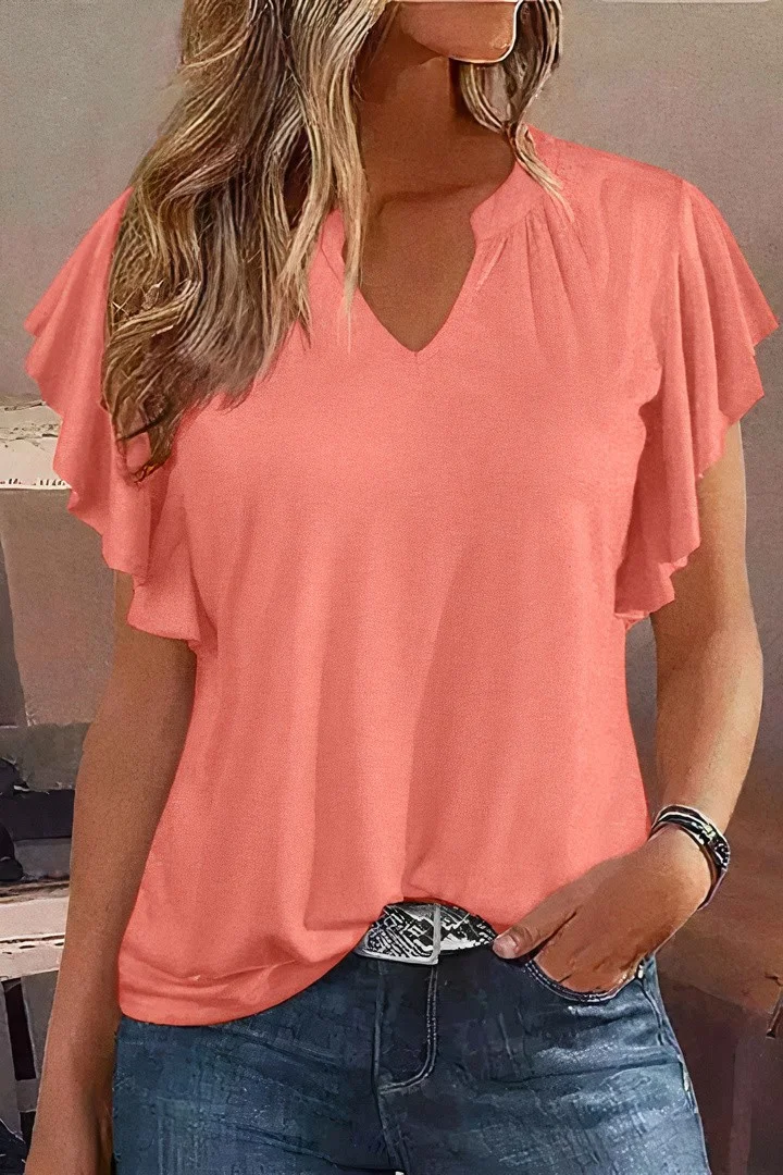 Solid Ruffle Armhole Notched Neck T-Shirt
