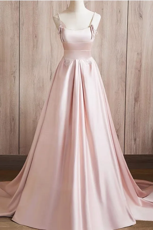 Spaghetti Strap Blushing Pink Pearls Sleeveless Prom Dress YK0002
