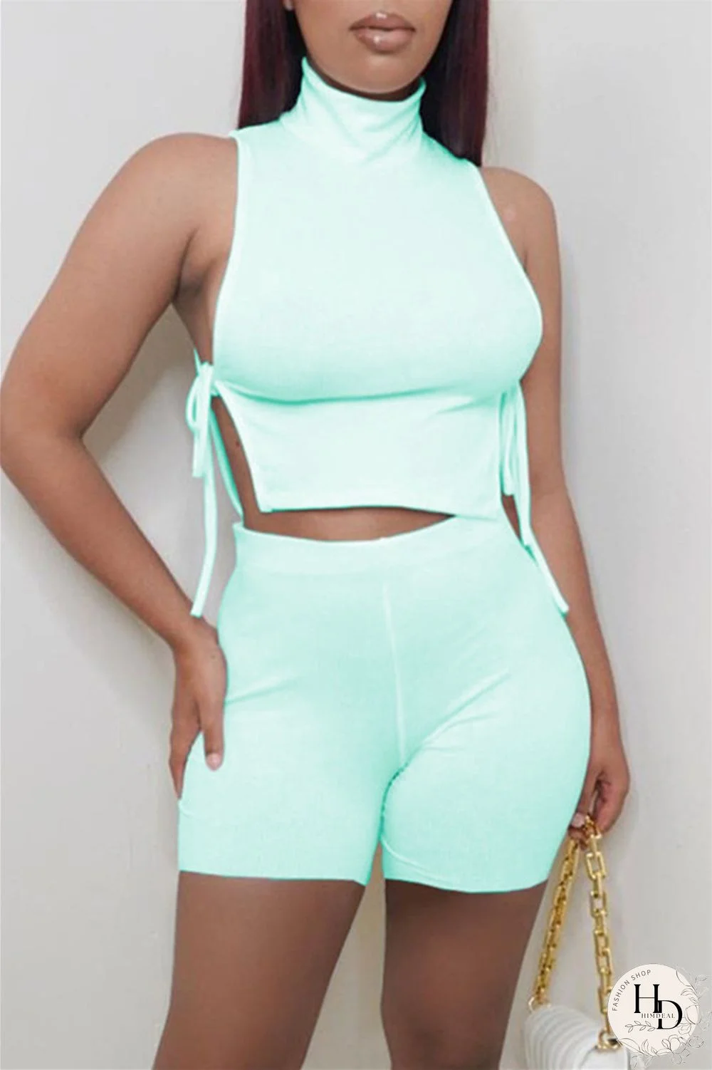 Water Blue Fashion Casual Solid Strap Design Turtleneck Sleeveless Two Pieces