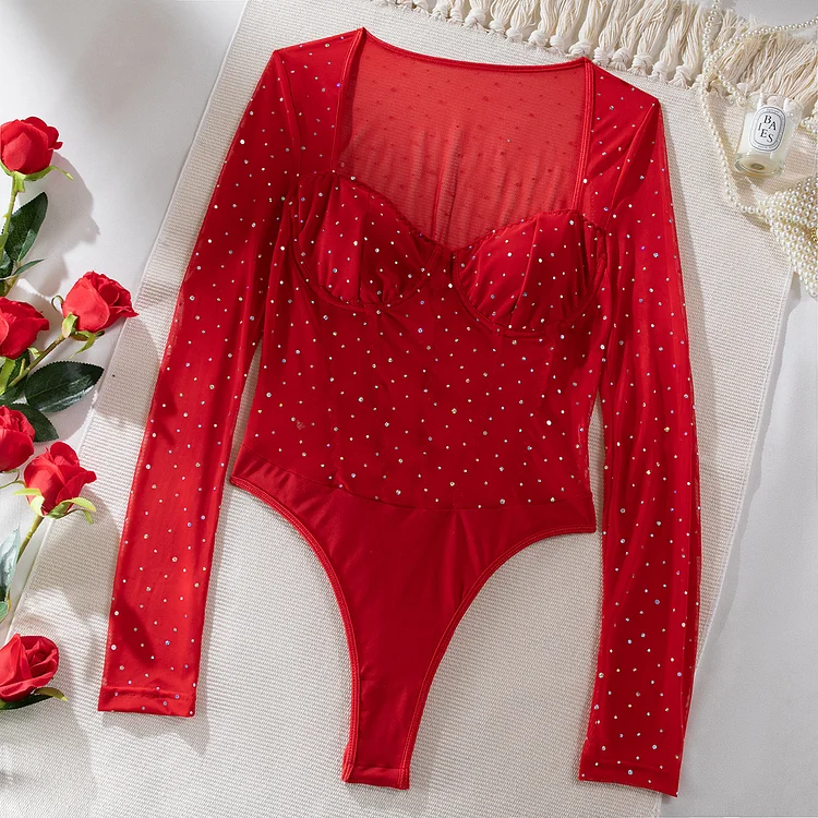 Sequined Long-sleeved Mesh Bodysuit