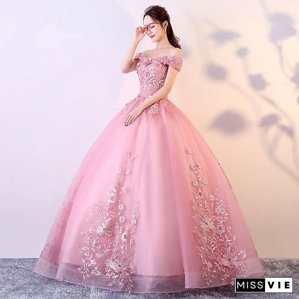 Off Shoulder Blush Pink Appliques Ball Gown Vintage Quinceanera Dresses Lace Up Formal Prom Gowns Pink Tulle Dresses