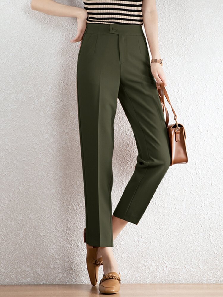 Women Solid Pocket Zip Button Front Tailored Pants - BlackFridayBuys