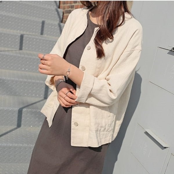 Ailegogo New 2021 Summer Fall Women's Jacket Fashionable Casual Loose Pockets Outerwear Short Cotton and Linen Tops JK8109