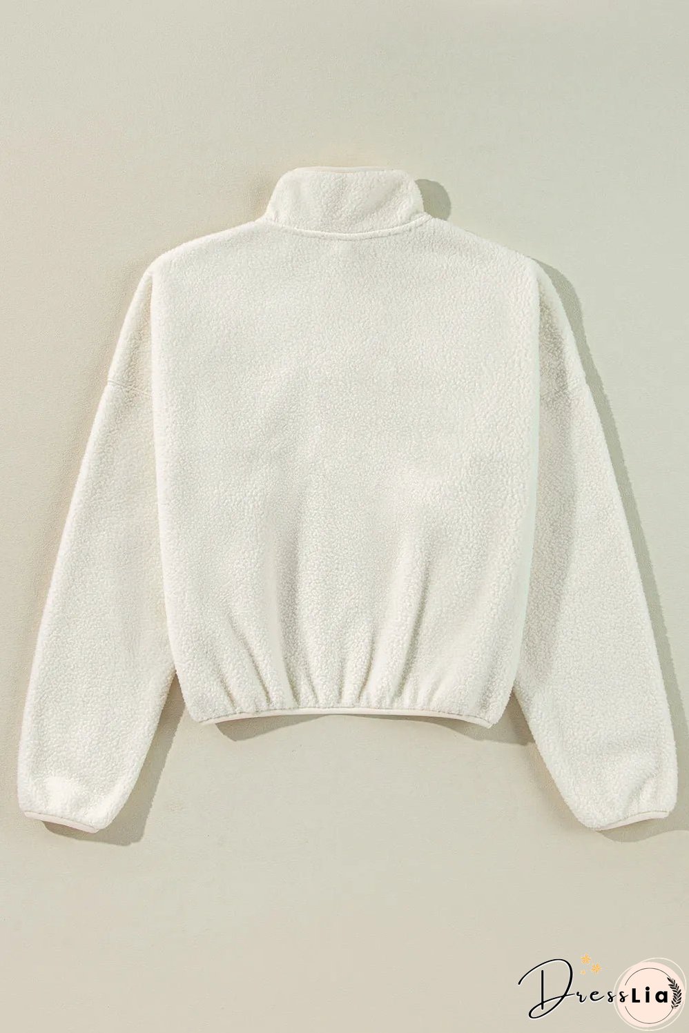 White Fleece Placket Turn-down Collar Drop Shoulder Sweatshirt