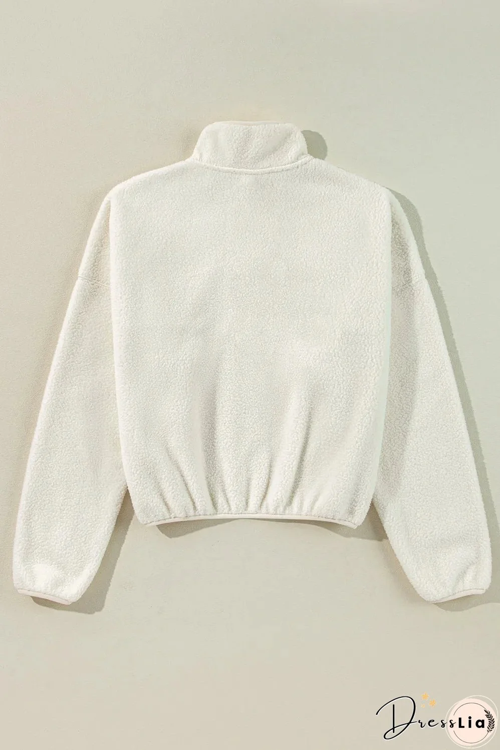 White Fleece Placket Turn-down Collar Drop Shoulder Sweatshirt