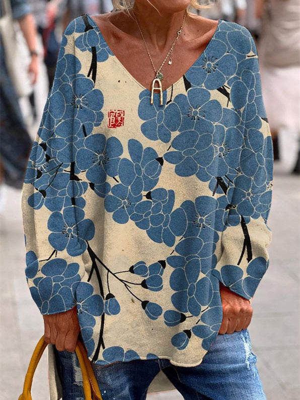 Women's Long Sleeve V-neck Graphic Printed Tops